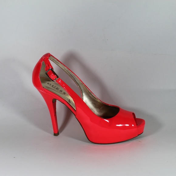 GUESS HONDO PEEP TOE NEON ORANGE HEELS PUMPS 8.5 - Picture 5 of 8